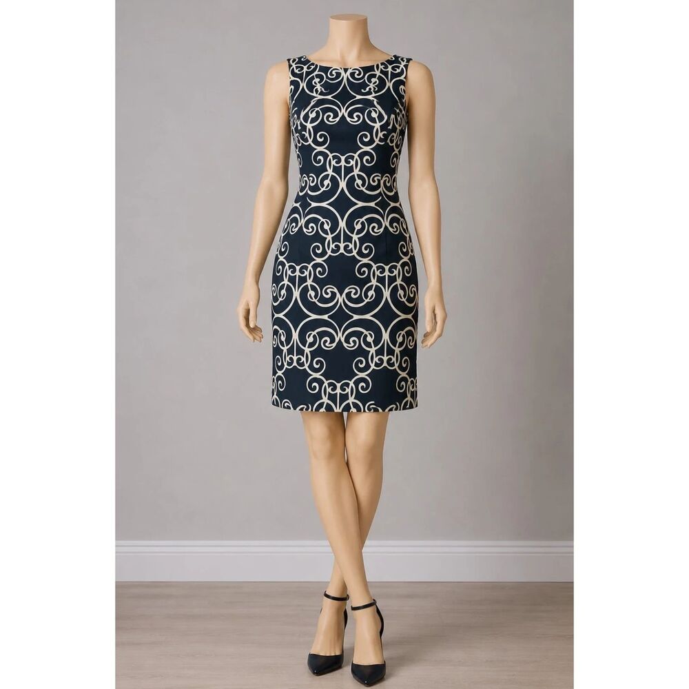 Ann Taylor Size 6 Black White Scroll Print Sheath Dress Cotton Silk Blend Lined